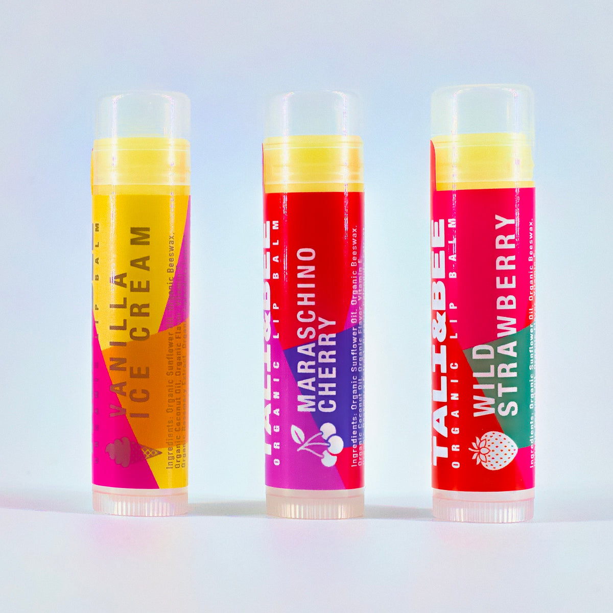 Tali & Bee Organic Lip Balm 3-Pack: Vanilla Ice Cream, Maraschino Cherry, Wild Strawberry