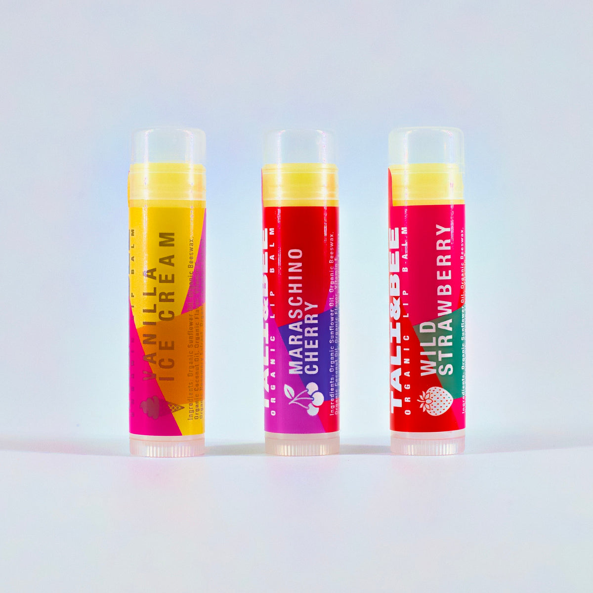 Tali & Bee Organic Lip Balm 3-Pack: Vanilla Ice Cream, Maraschino Cherry, Wild Strawberry